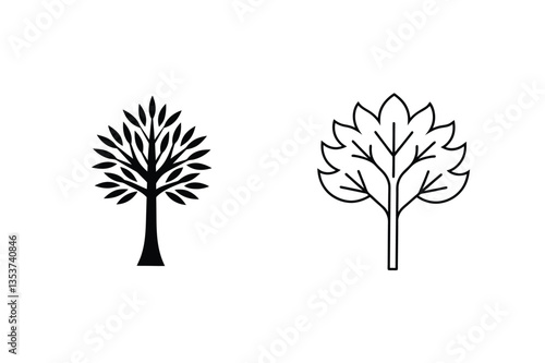 Simple Black Outline Tree Icons Nature, Botany, Graphic Design Elements