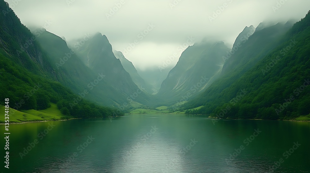 Fototapeta premium Serene Green Mountains Enveloping a Calm Lake