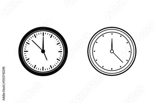 Simple Analog Clocks Showing Two Different Times, Black and White