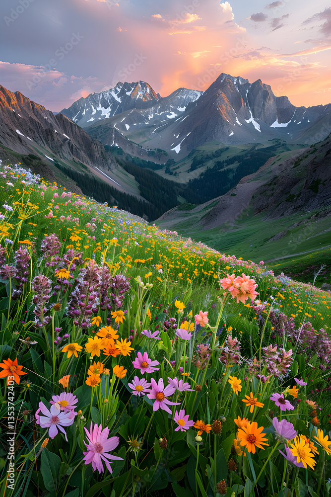 Nature's Symphony: Wildflowers In The Foreground And Snow-dusted Mountains In The Backdrop Nature's Symphony: Wildflowers In The Foreground And Snow-dusted Mountains In The Backdrop