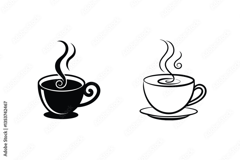 Obraz premium Hot Coffee Cups, Black and White Icons, Beverage Designs