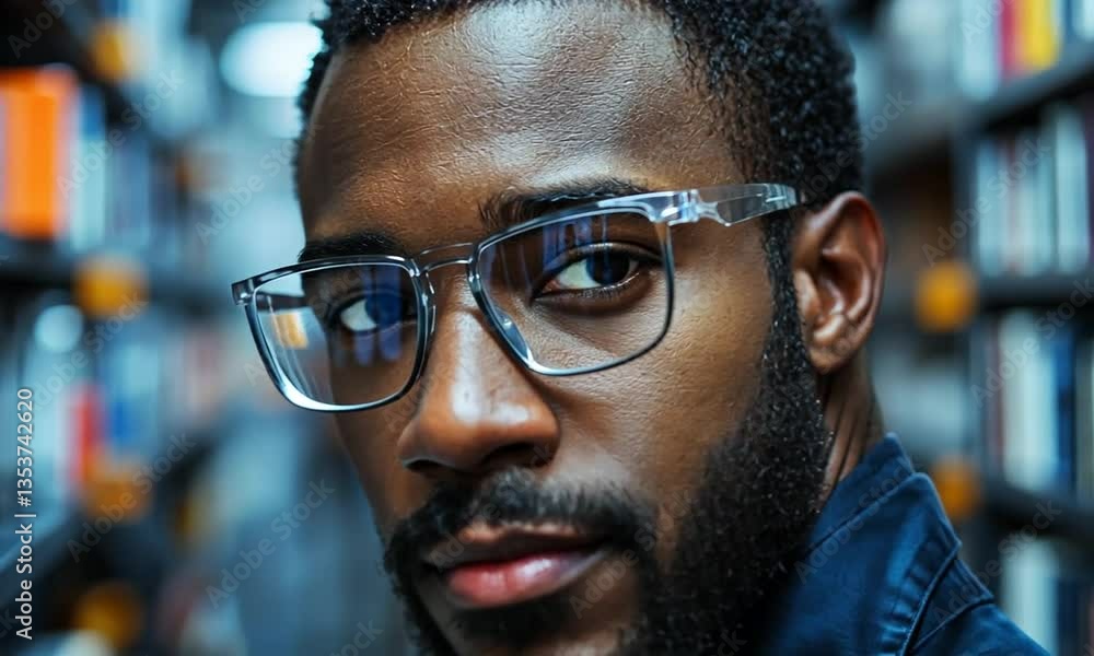 Focused individual in glasses studying in a library, surrounded by colorful bookshelves Focused individual in glasses studying in a library, surrounded by colorful bookshelves