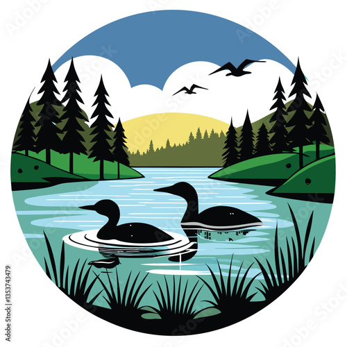 Loon Swimming In The Pond Vector Illustration Vector