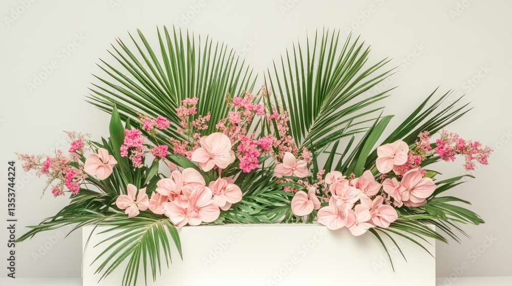 Pink floral arrangement on white backdrop, decorative display, for interior design Pink floral arrangement on white backdrop, decorative display, for interior design