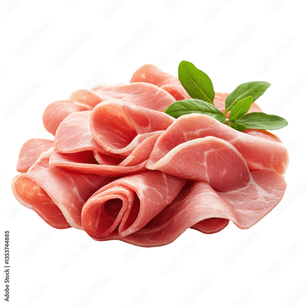 Freshly sliced deli ham with basil garnish Freshly sliced deli ham with basil garnish