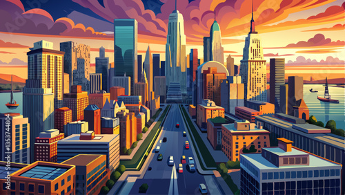 Aerial panorama of Lower Manhattan skyline at sunset viewed from above Greenwich street in Tribeca neighborhood.
