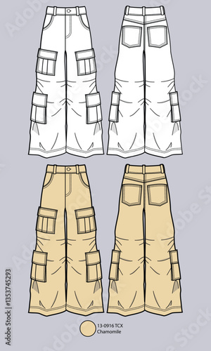 Flat Drawing of Wide Leg Trouser Cargo Pant Technical Drawing Flat Sketch Woman Fashion Design