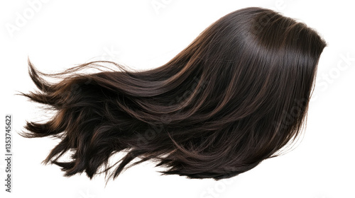 Isolated flowing dark brown hair with a glossy finish, showcasing sleek strands and natural movement.