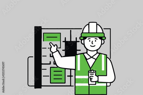 Construction Plan: Worker Pointing to Blueprint, Project Management and Development. 