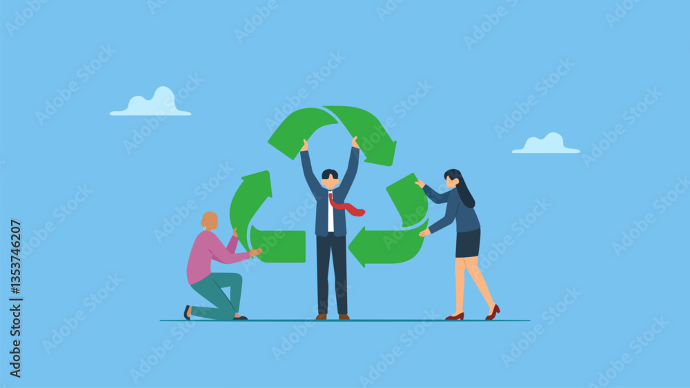 Business people combine recycling symbols. Reuse or recycle to protect environment, ESG or green ecology to preserve nature, conservative corporate responsibility, reduce pollution, environmental. Business people combine recycling symbols. Reuse or recycle to protect environment, ESG or green ecology to preserve nature, conservative corporate responsibility, reduce pollution, environmental.