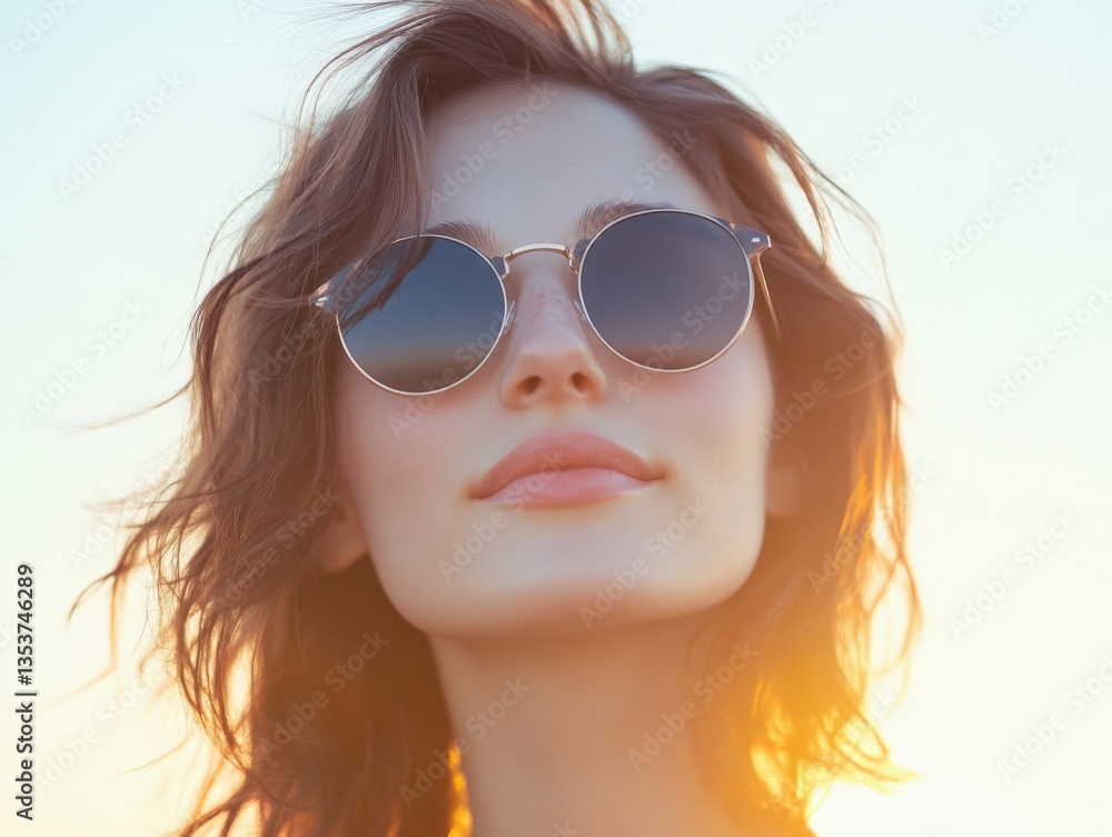 Woman wears round sunglasses Woman wears round sunglasses