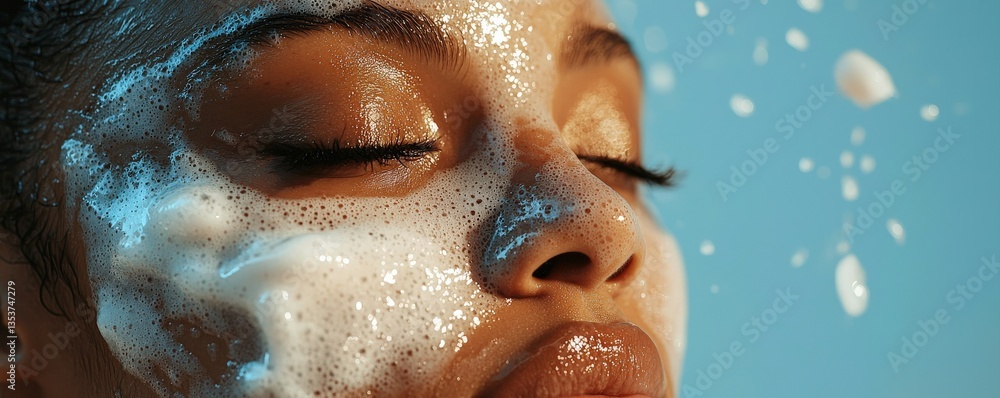 Close-up of a person washing their face with bubbles. Close-up of a person washing their face with bubbles.
