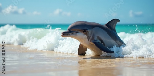 A happy dolphin playing in the waves at the beach , waves, adventure