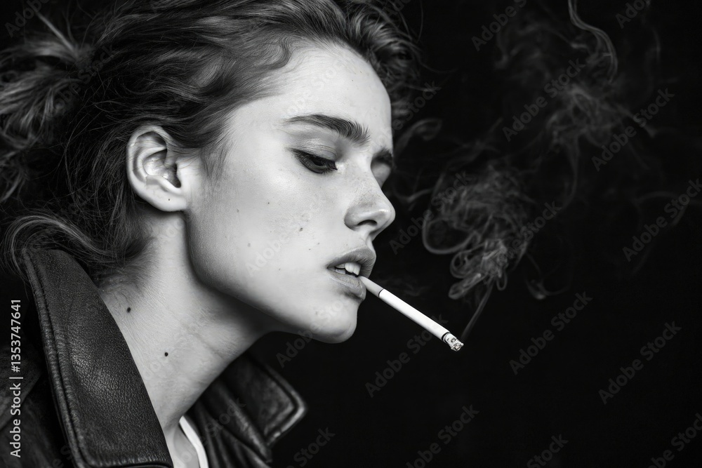Fototapeta premium Model Poses With Cigarette in Moody Black and White Setting Generative AI
