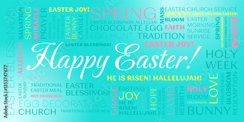 Happy Easter billboard 6х3 m, print. Happy Easter picture. Tag cloud with words easter, jesus christ, blessing, forgiveness, love, bunny