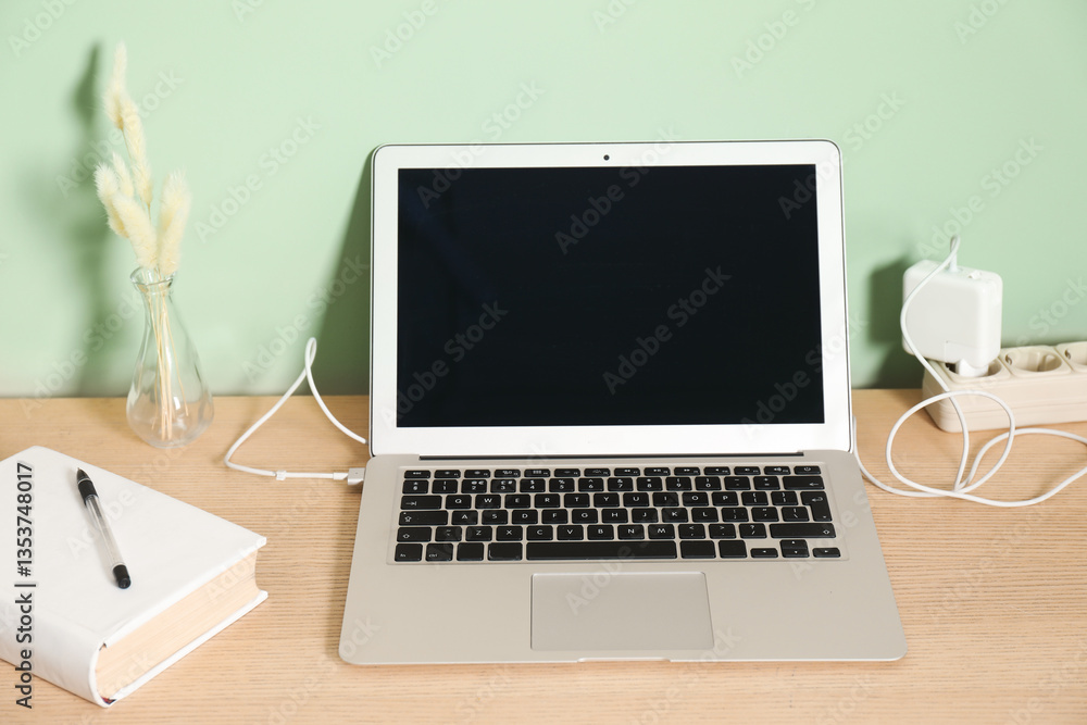 Fototapeta premium USB adapter with cable plugged into power strip charging laptop on wooden table near green wall