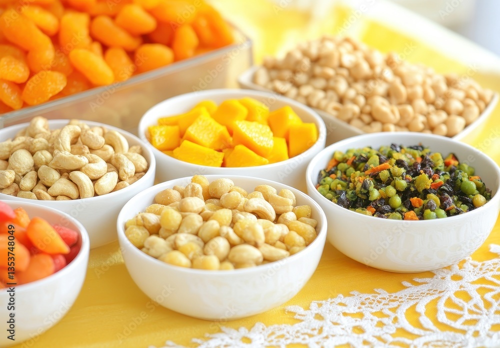 Fresh and Colorful Display of Dried Fruits and Nuts in Bowls on Bright Tablecloth for Healthy Snack Inspiration and Culinary Creativity Fresh and Colorful Display of Dried Fruits and Nuts in Bowls on Bright Tablecloth for Healthy Snack Inspiration and Culinary Creativity