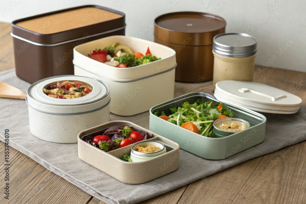 Lunch Boxes Filled With Healthy Meals on Wooden Table Generative AI Lunch Boxes Filled With Healthy Meals on Wooden Table Generative AI