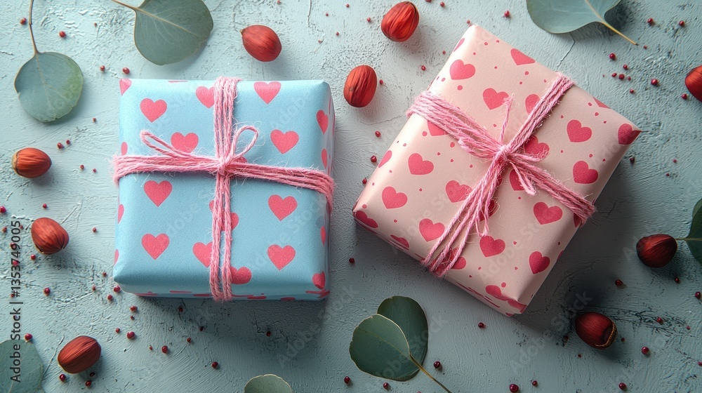Two gift boxes with pink hearts pattern, tied with pink twine, surrounded by eucalyptus leaves and red berries on a blue background. Two gift boxes with pink hearts pattern, tied with pink twine, surrounded by eucalyptus leaves and red berries on a blue background.