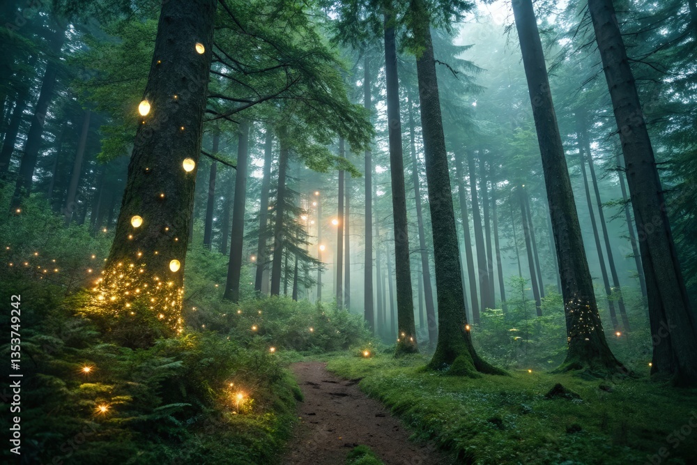 Obraz premium Mysterious Forest Path Illuminated by Glowing Lights at Dusk Generative AI