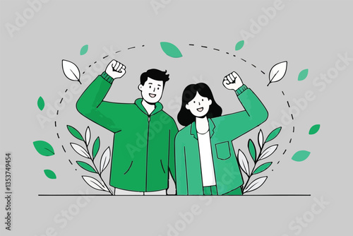 Empowered Duo: Raised Fists, Victory and Unity, Natural Element Theme. 