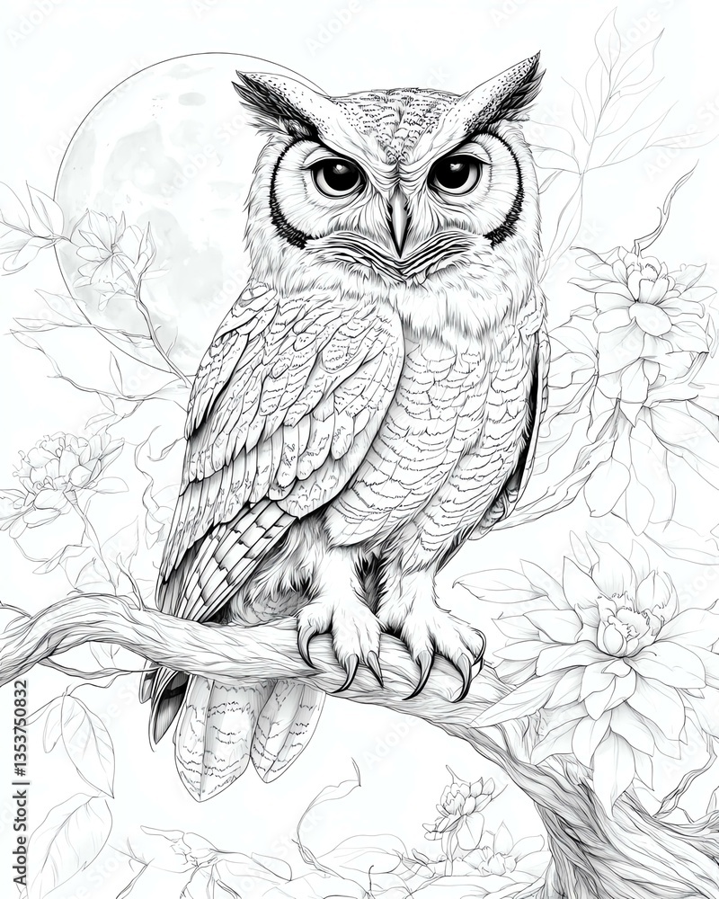 Obraz premium A detailed illustration of an owl perched on a branch, surrounded by delicate flowers and a moonlit backdrop.