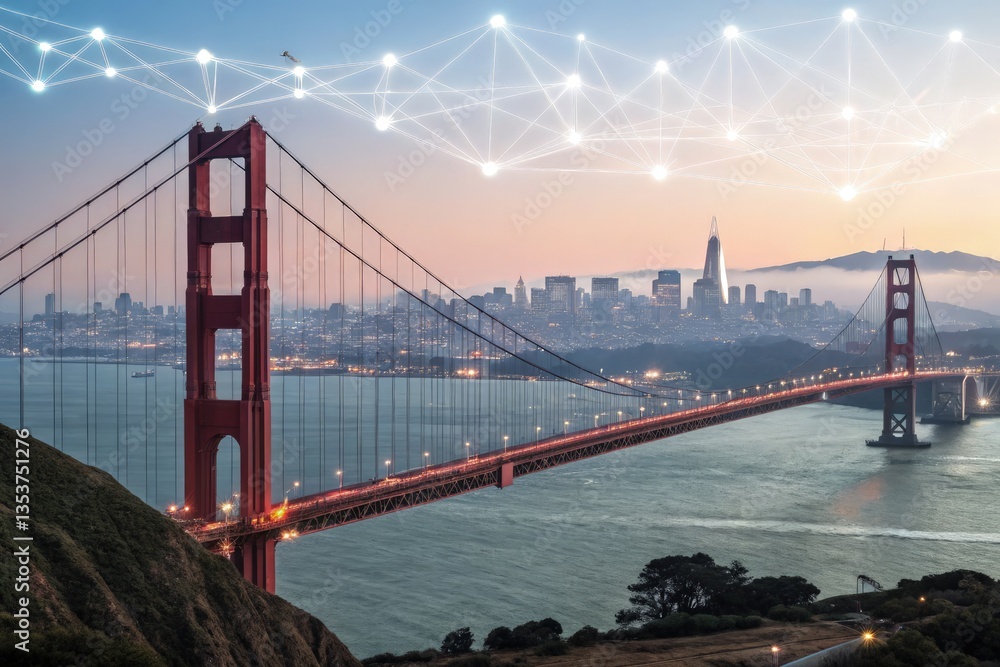 Fototapeta premium Golden Gate Bridge With City Skyline Under Network Connections Generative AI