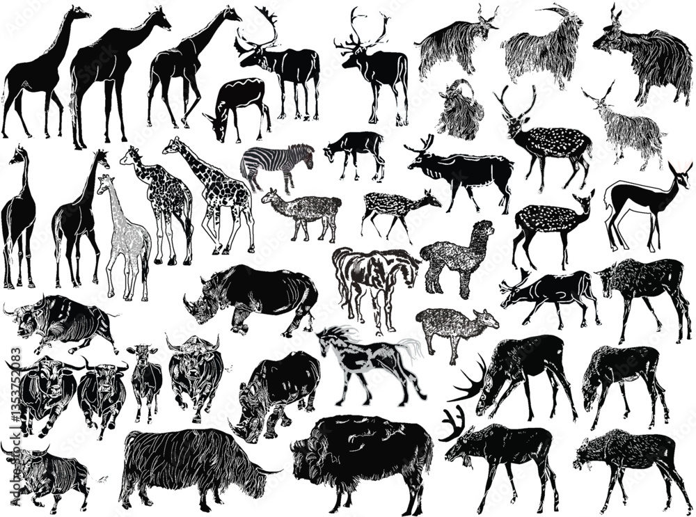 Fototapeta premium fourty four hoofed mammals silhouettes isolated on white