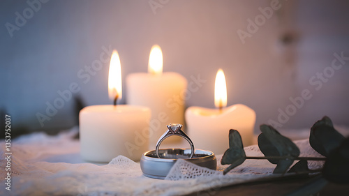 Romantic candlelight setting rings and lace Elegant engagement proposal imagery