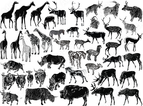 fourty four hoofed mammals silhouettes isolated on white