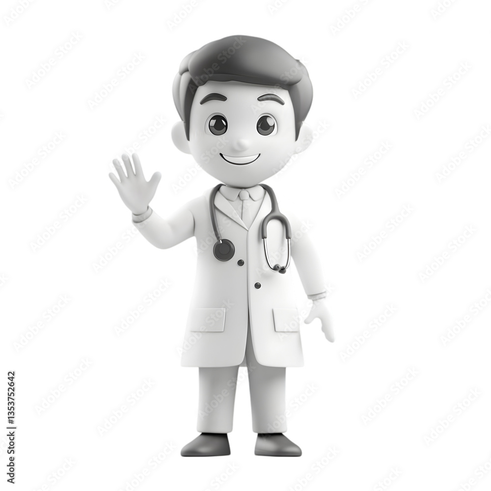 Friendly Cartoon Doctor In White Coat, Offering Greeting In Grayscale Friendly Cartoon Doctor In White Coat, Offering Greeting In Grayscale