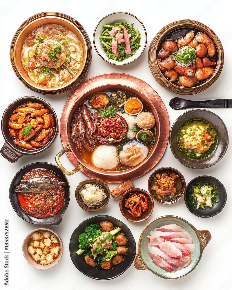 A vibrant assortment of traditional dishes displayed on a white background, showcasing diverse flavors A vibrant assortment of traditional dishes displayed on a white background, showcasing diverse flavors