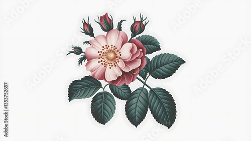 Vintage botanical illustration of a dog rose flower and leaves
