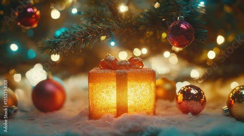 Glittering Golden Gift Box Surrounded by Colorful Ornaments Beneath a Christmas Tree with Soft Lights