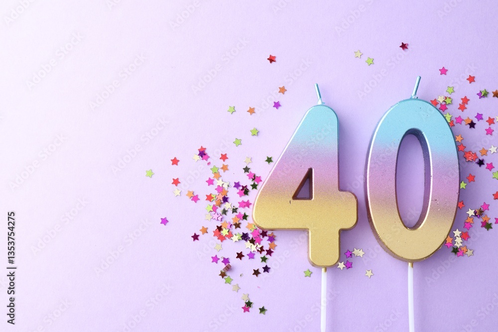 40th birthday. Number shaped candles and confetti on violet background, flat lay. Space for text