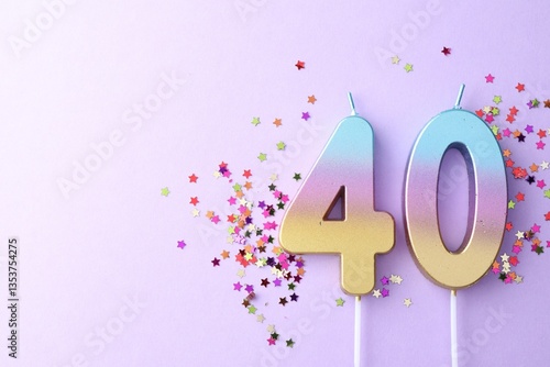 Obraz na płótnie 40th birthday. Number shaped candles and confetti on violet background, flat lay. Space for text w salonie