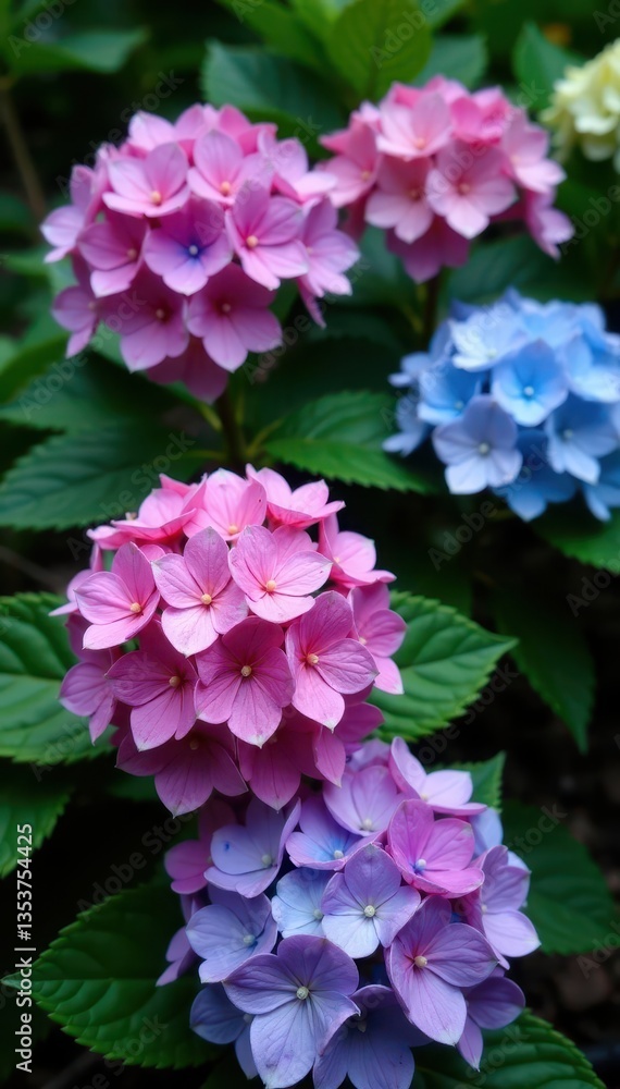 Vibrant hydrangeas in full bloom, lush green leaves , plant, details Vibrant hydrangeas in full bloom, lush green leaves , plant, details