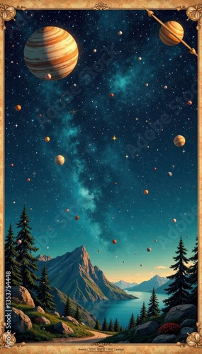 Antique map of the night sky with constellations and planets, constellations, stars
