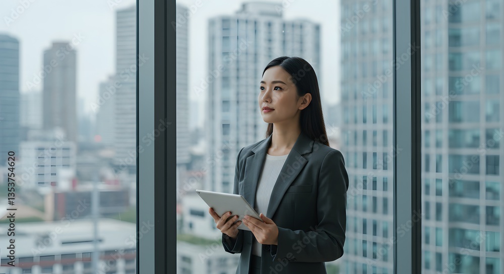 Asian businesswoman holding tablet looking out window in office Asian businesswoman holding tablet looking out window in office