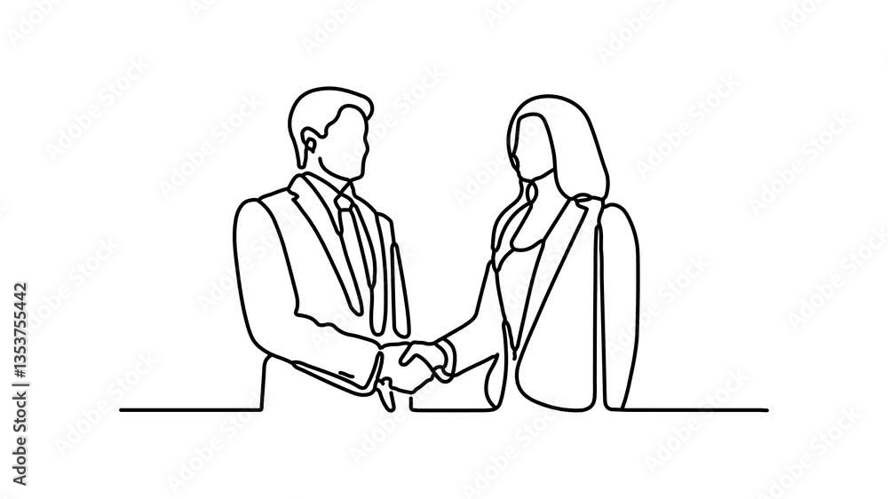 Businessmen and woman handshake Continuous line draw Full length single line animation. Businessmen and woman handshake Continuous line draw Full length single line animation.