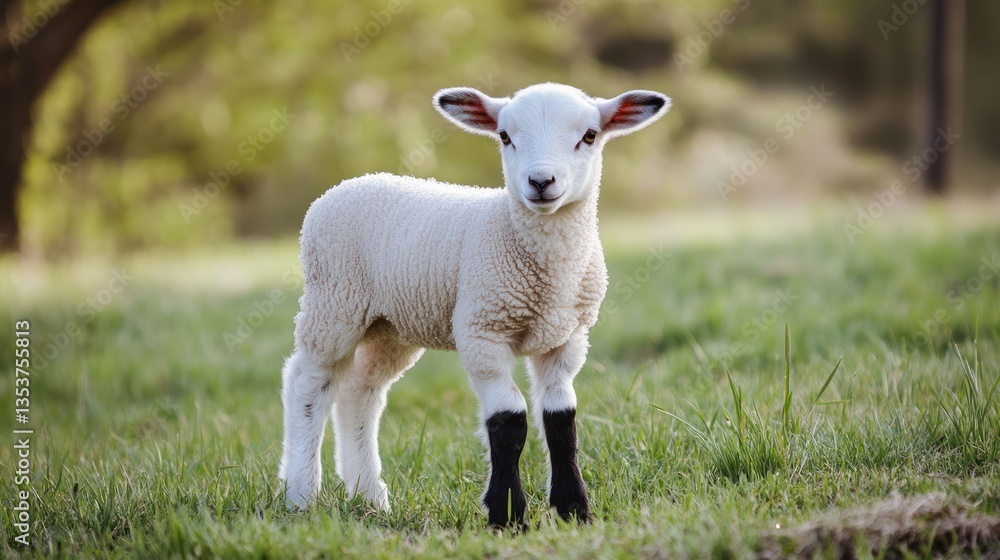 Cute lamb in grassy field, springtime Cute lamb in grassy field, springtime