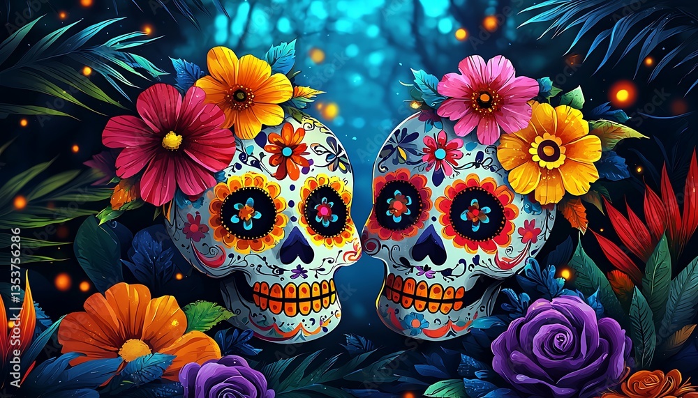 Sugar Skulls Embrace for Enchanted Forest. Sugar Skulls Embrace for Enchanted Forest.