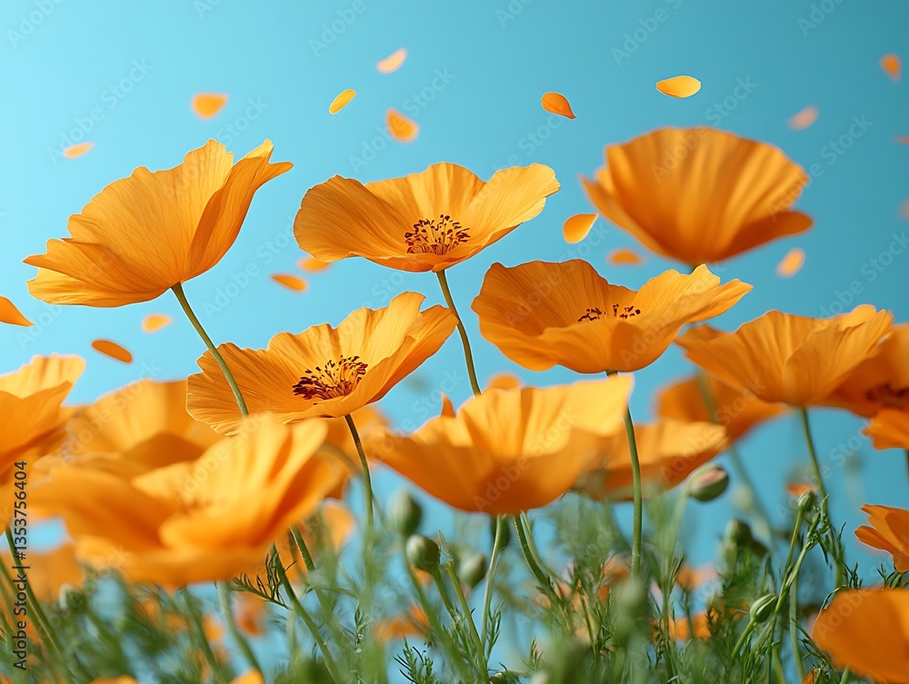 Obraz premium Bright orange flowers blooming in a sunny field with blue sky