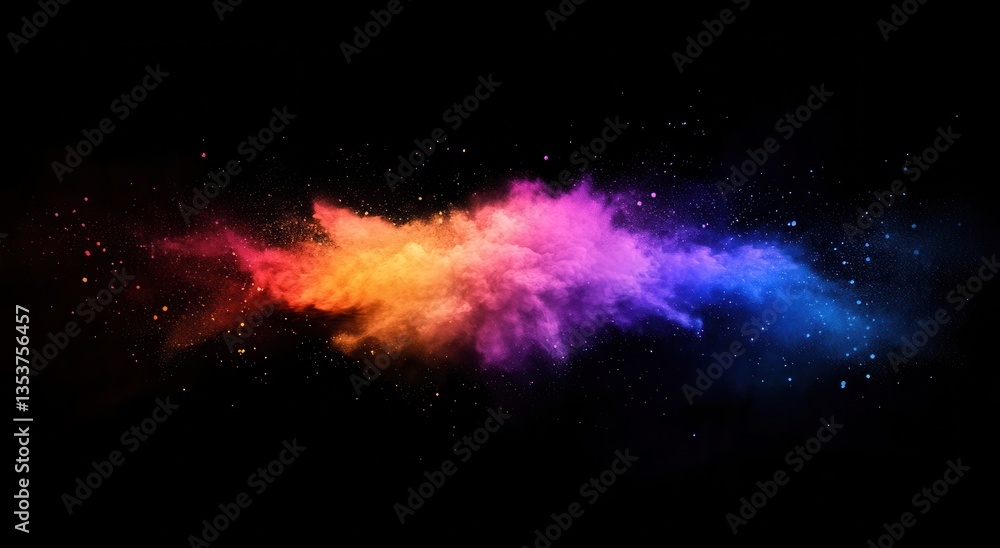 Obraz premium Vibrant Abstract Color Explosion in Space with Dusty Clouds and Stars on Black Background for Artistic and Creative Projects