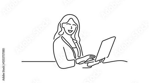 Smiling woman holds a laptop, exuding positivity and confidence Continuous line draw Full length single line animation