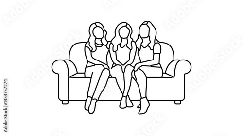  Three young women relax together on a couch Continuous line draw Full length single line animation.