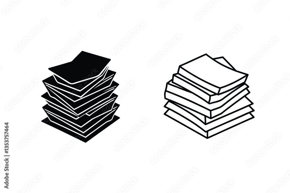 Obraz premium Stack of Papers, Documents, Files, Icon, Black, White, Line Art, Illustration, Office Supplies, Organ