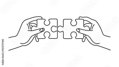 Two individuals collaboratively fitting a puzzle piece together, symbolizing teamwork and connection. Continuous line draw Full length single line animation.