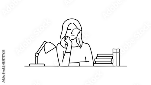 Woman sits at a desk, her hand supporting her chin as she ponders her thoughts Continuous line draw Full length single line animation