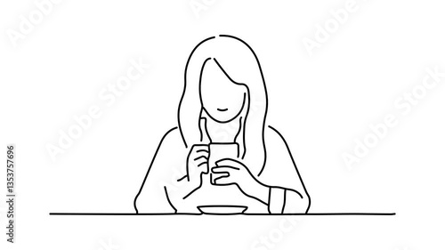 Woman seated at a table, enjoying a cup of coffee while using her cell phone Continuous line draw Full length single line animation.